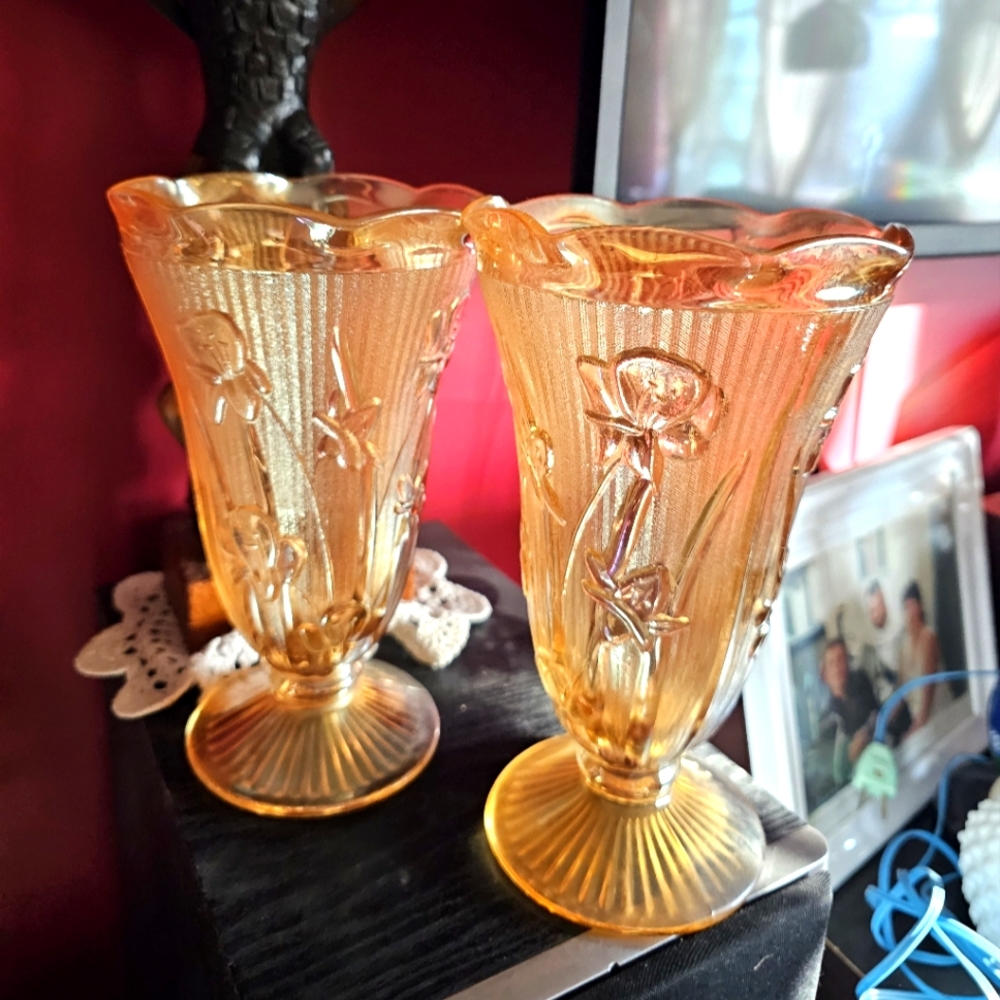 Vintage Jeanette Glass Marigold Iris and Herringbone Vases